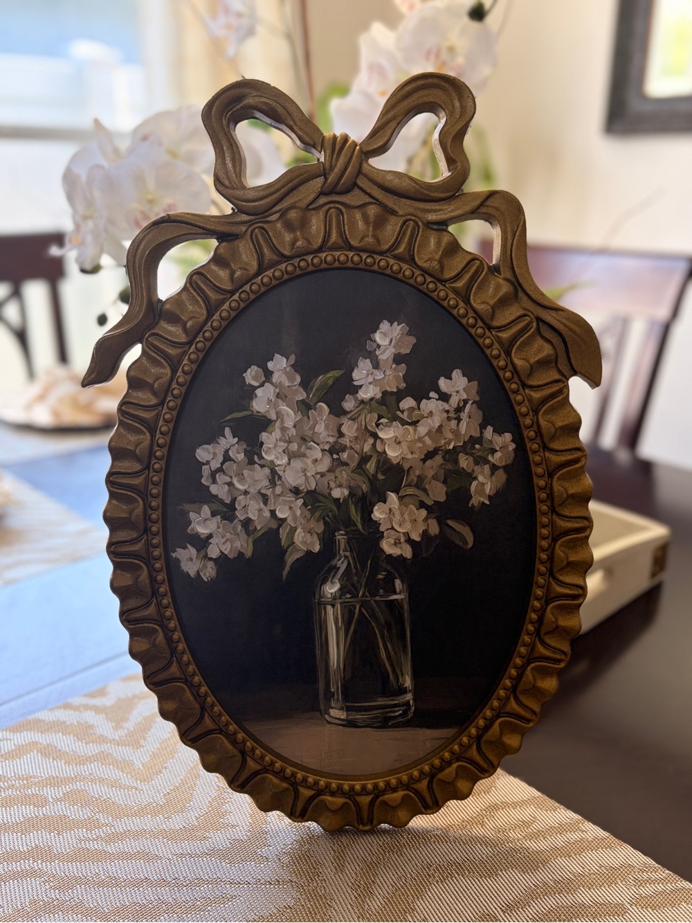 Vintage looking Gold Bow Frame Wall Art with White Floral Still Life- 18” x 12”
